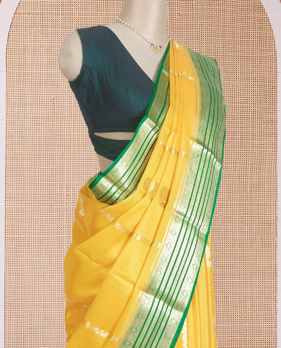 Yellow veldhari, and peacock zari design Mysore silk saree, contrast traditional zari design border, and Mughal-inspired zari design pallu