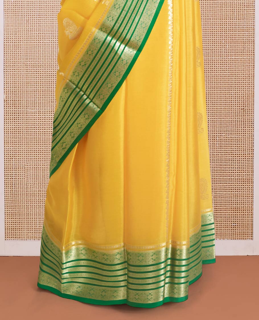 Yellow veldhari, and peacock zari design Mysore silk saree, contrast traditional zari design border, and Mughal-inspired zari design pallu