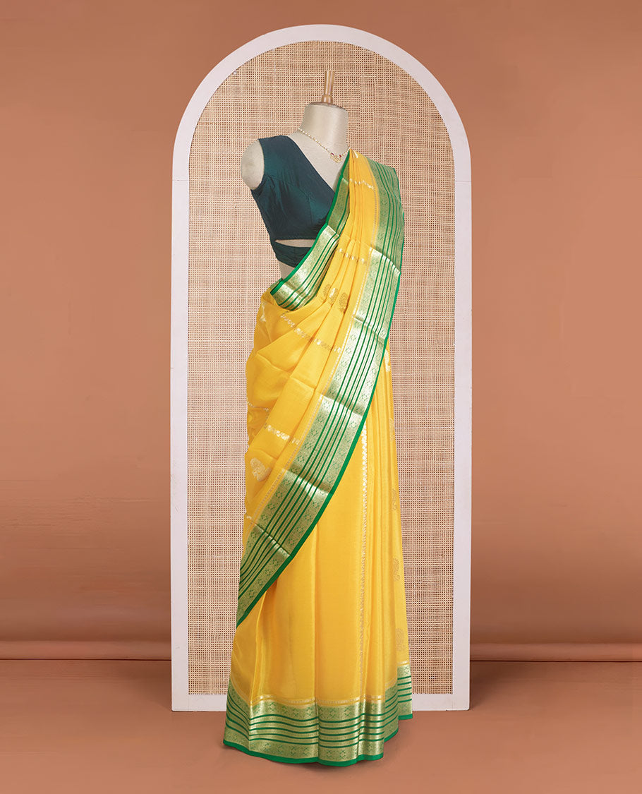 Yellow veldhari, and peacock zari design Mysore silk saree, contrast traditional zari design border, and Mughal-inspired zari design pallu