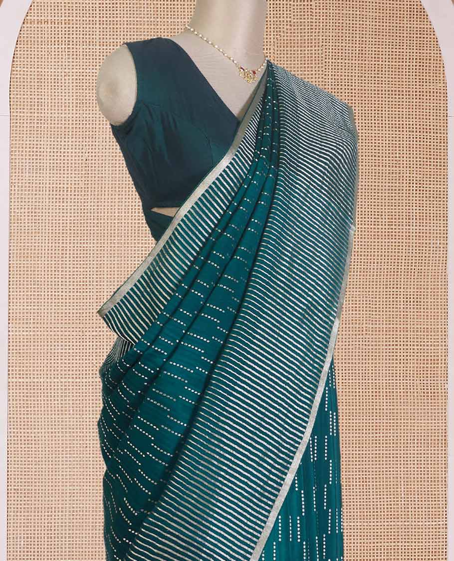 Green zari buttas Mysore silk saree, temple seppu rekku zari border, and chevron design pallu