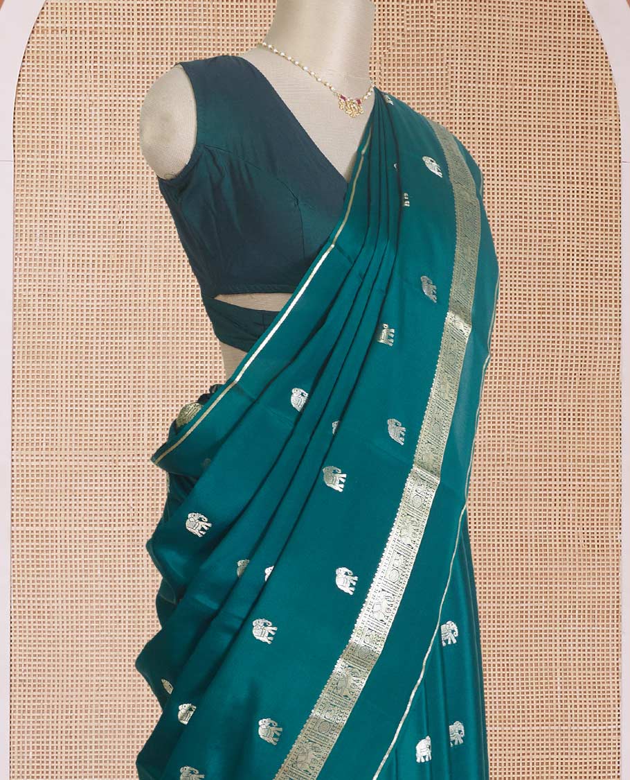 Green zari elephant buttas Mysore silk saree, traditional zari design rettai pettu border, and butta enclosed checked pallu