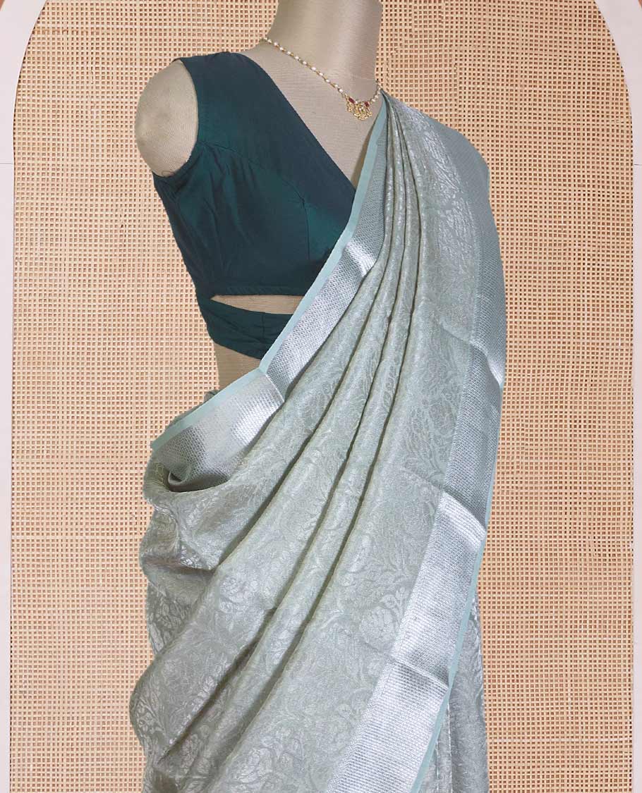 Pale green jacquard Mysore silk saree, traditional zari border, and jaal pallu