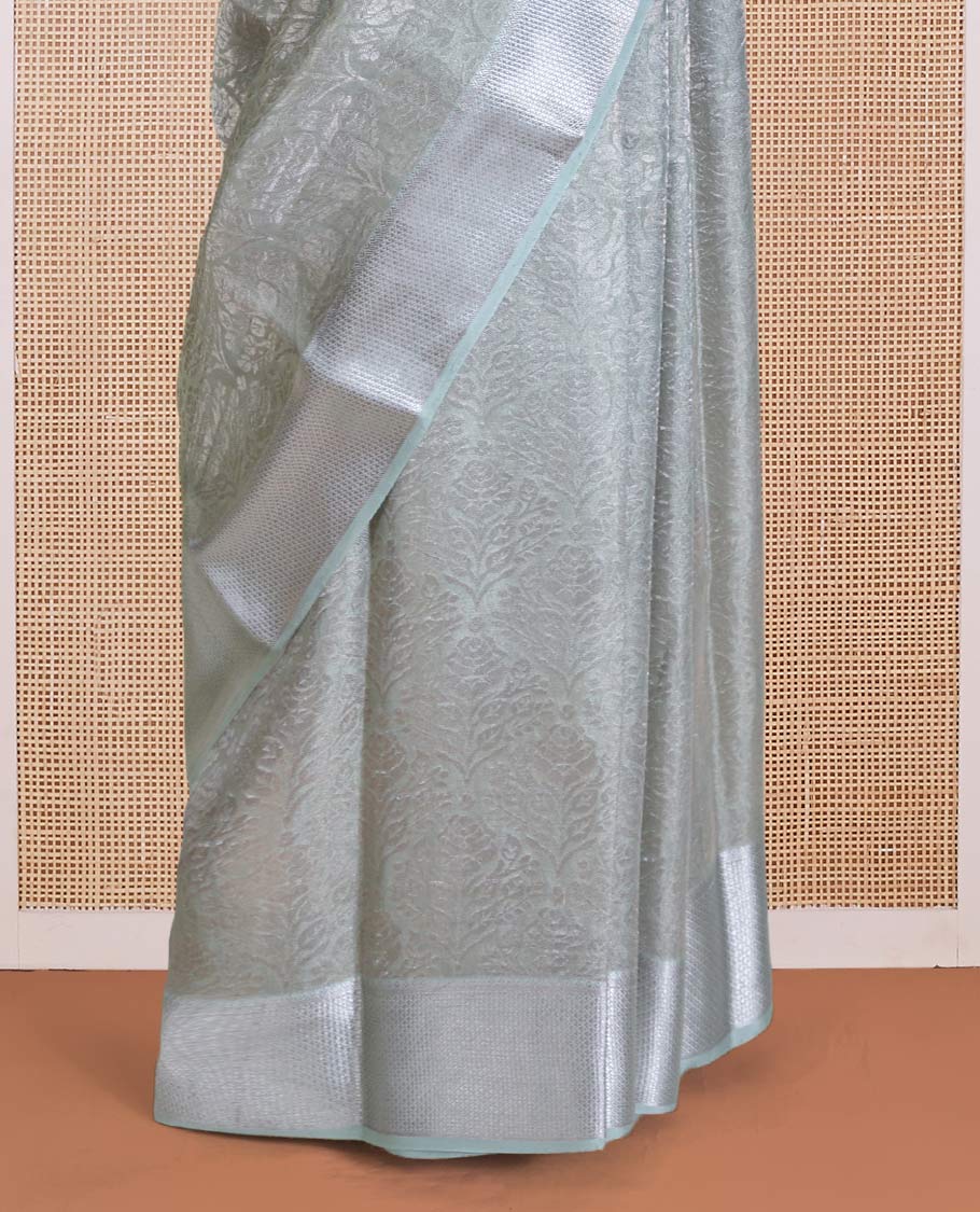 Pale green jacquard Mysore silk saree, traditional zari border, and jaal pallu