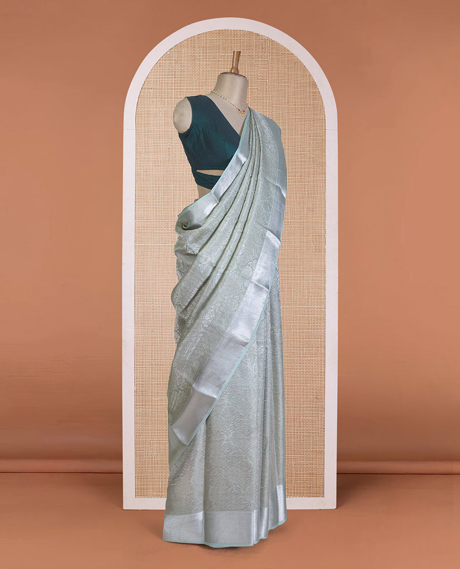 Pale green jacquard Mysore silk saree, traditional zari border, and jaal pallu