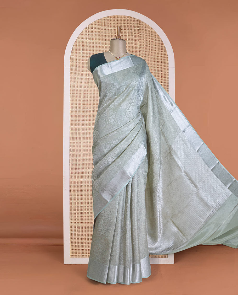 Pale green jacquard Mysore silk saree, traditional zari border, and jaal pallu