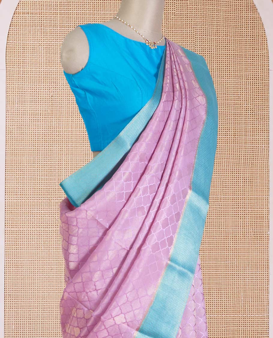 Pink jaal jacquard Mysore silk saree, contrast zari border, and pallu of chevron designs