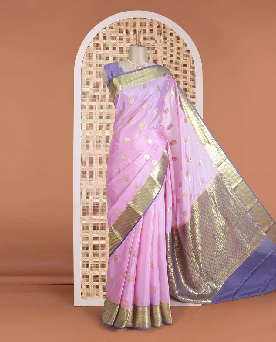 Pink zari buttas Mysore silk saree, contrast traditional zari border, and pallu of chevron designs