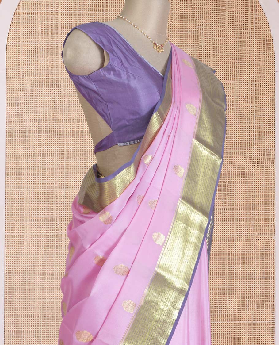 Pink zari buttas Mysore silk saree, contrast traditional zari border, and pallu of chevron designs