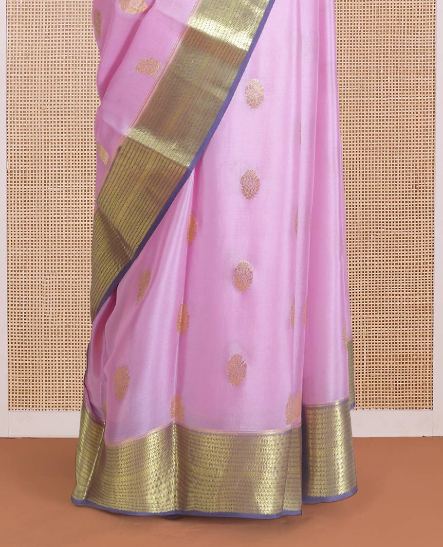 Pink zari buttas Mysore silk saree, contrast traditional zari border, and pallu of chevron designs