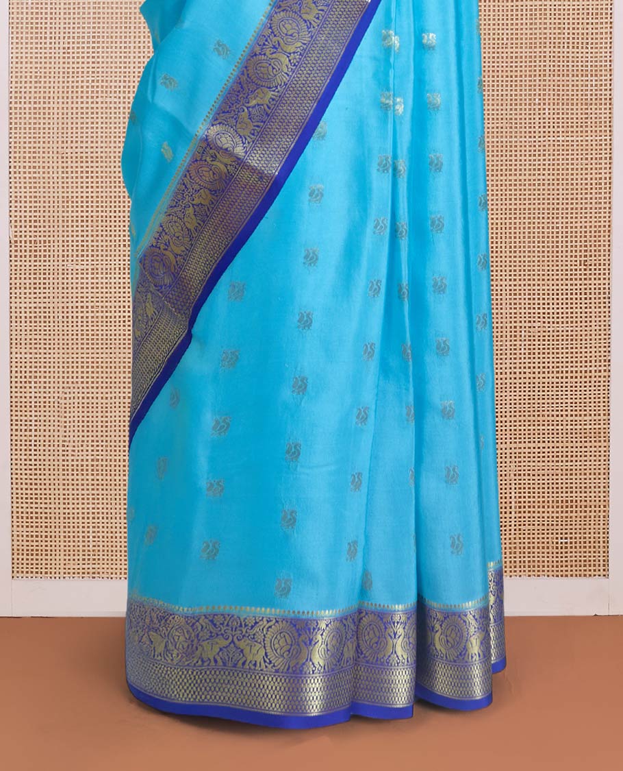 Blue peacock zari buttas Mysore silk saree, contrast traditional peacock border, and pallu steeped with peacock motifs