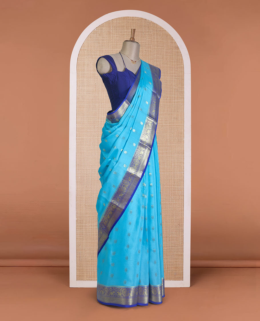 Blue peacock zari buttas Mysore silk saree, contrast traditional peacock border, and pallu steeped with peacock motifs