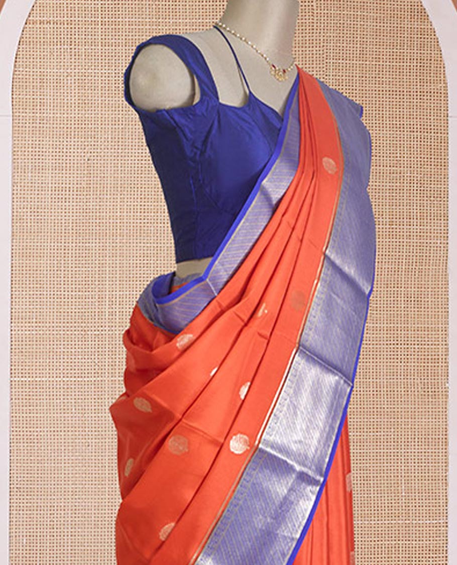 Orange zari buttas Mysore silk saree, contrast traditional zari border, and pallu of ogee patterns