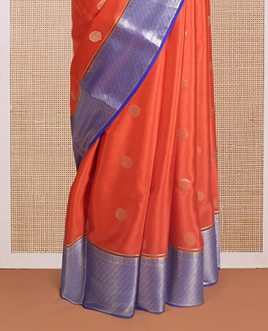Orange zari buttas Mysore silk saree, contrast traditional zari border, and pallu of ogee patterns