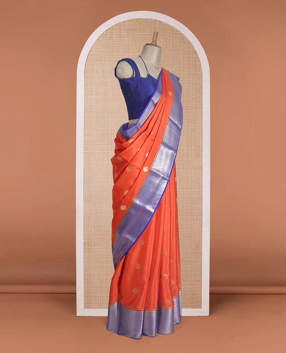 Orange zari buttas Mysore silk saree, contrast traditional zari border, and pallu of ogee patterns
