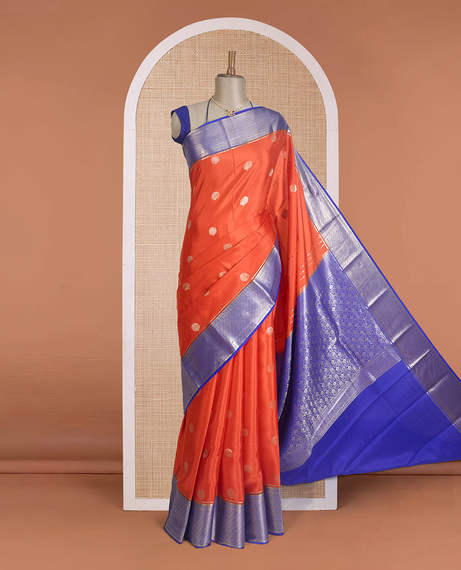 Orange zari buttas Mysore silk saree, contrast traditional zari border, and pallu of ogee patterns