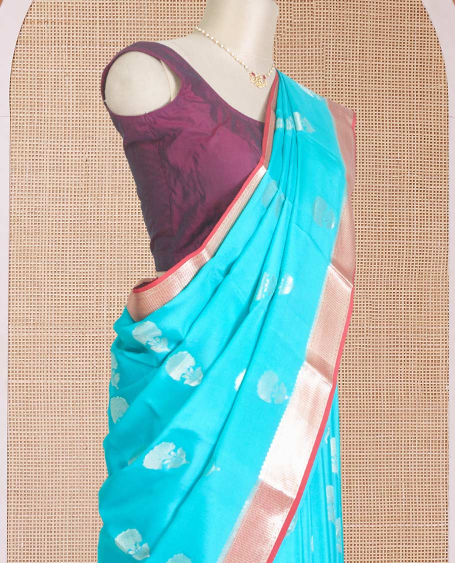 Blue floral zari buttas Mysore silk saree, contrast traditional zari border, and pallu of jaal pattern