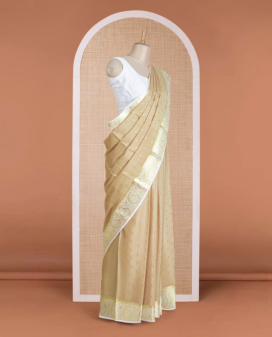 Sandal zari buttas Mysore silk saree, contrast paisley design zari border, and zari design pallu