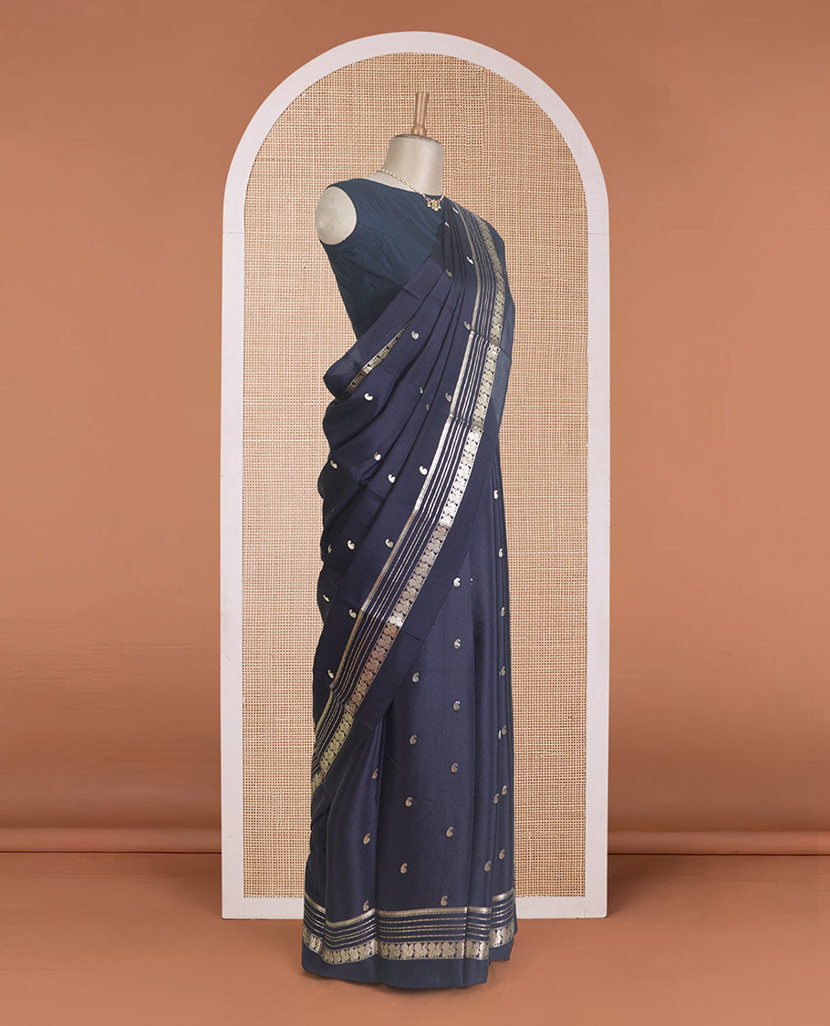 Black paisley buttas Mysore silk saree, traditional zari design rettai pettu border, and pallu steeped with paisleys