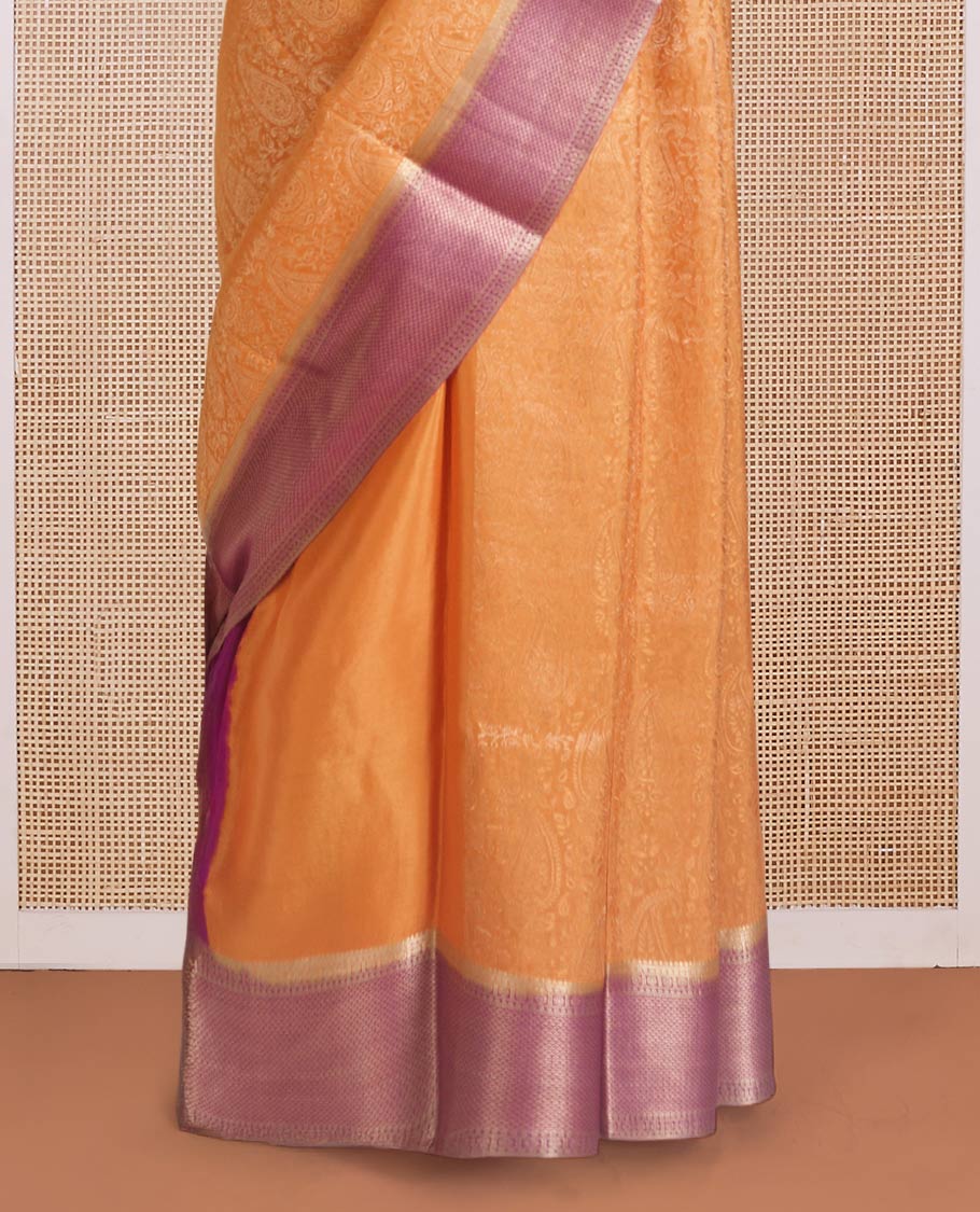 Orange jacquard Mysore silk saree, contrast traditional zari border, and chevron design pallu