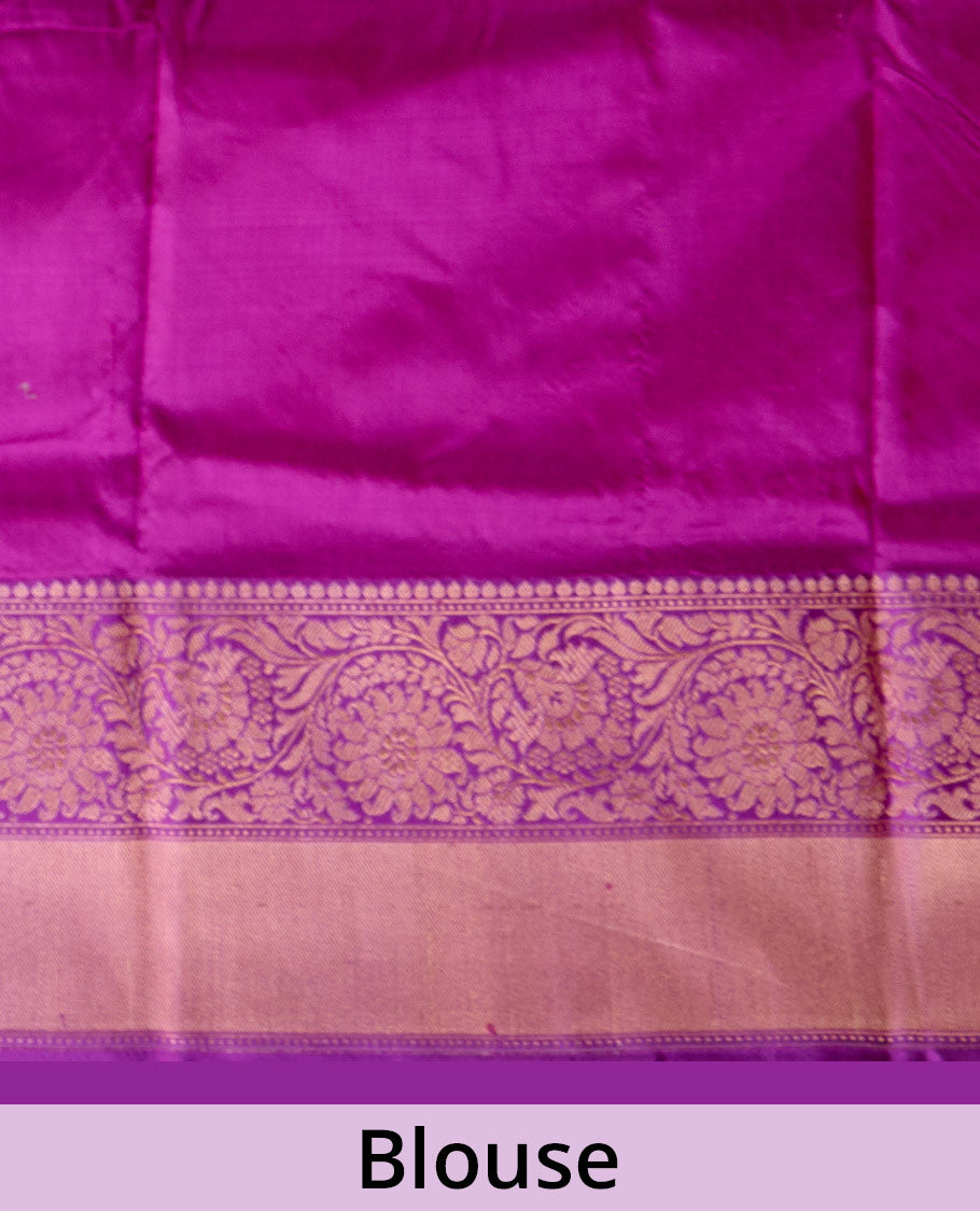 Hot pink floral bouquet buttas Banarasi kathan silk saree, contrast floral creeper zari border, and floral jaal pallu