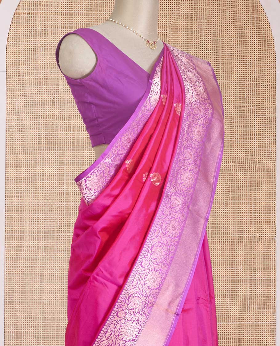 Hot pink floral bouquet buttas Banarasi kathan silk saree, contrast floral creeper zari border, and floral jaal pallu