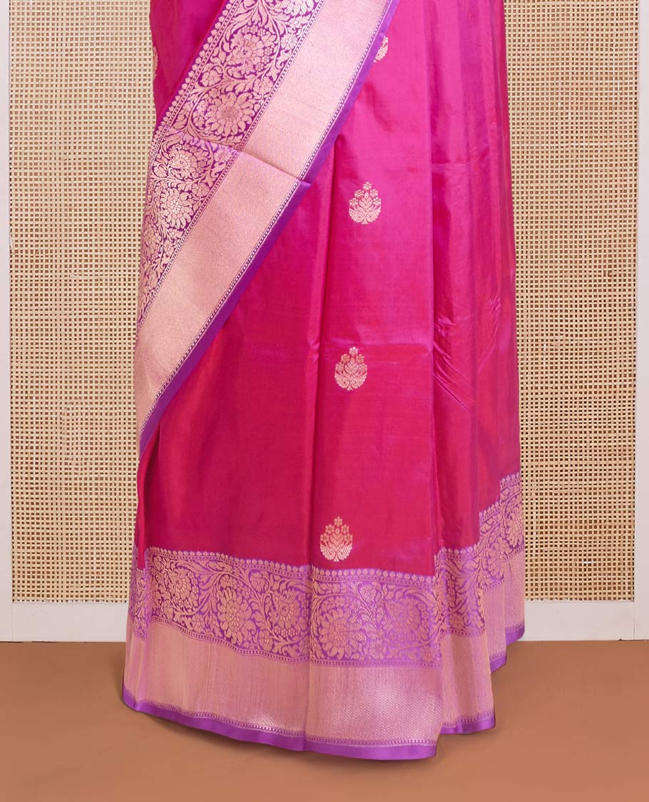 Hot pink floral bouquet buttas Banarasi kathan silk saree, contrast floral creeper zari border, and floral jaal pallu