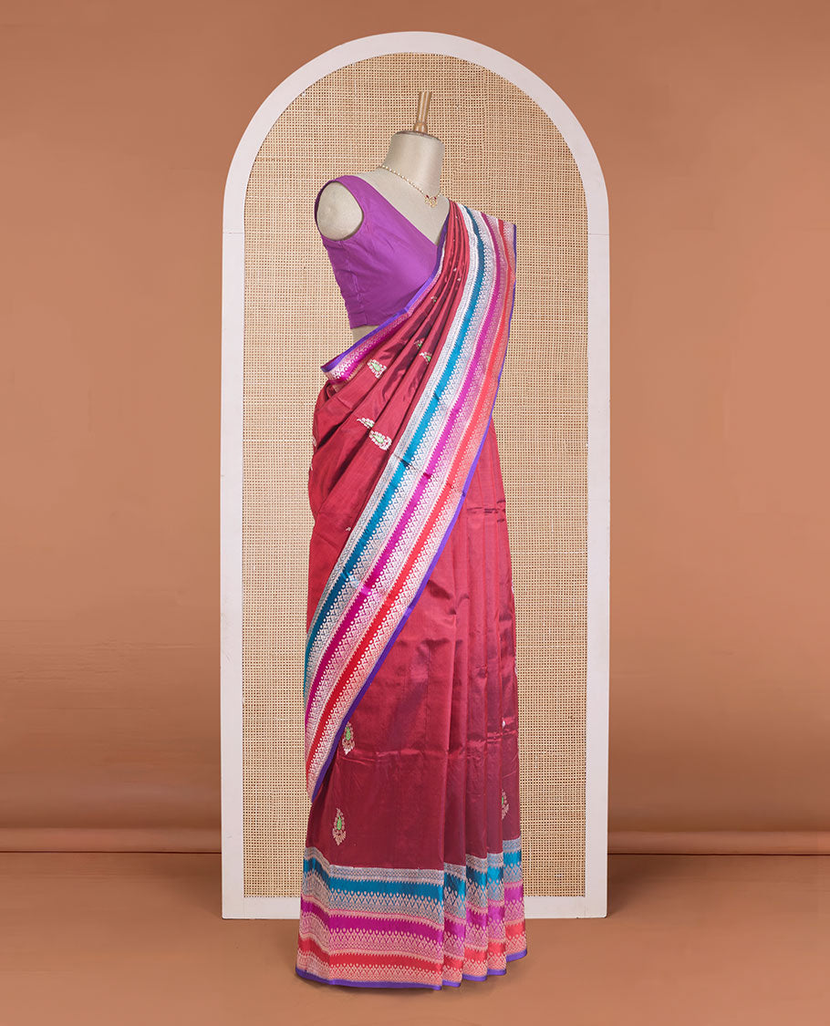Maroon floral buttas Banarasi kathan silk saree, contrast traditional zari design meenakari border, and intricate pallu