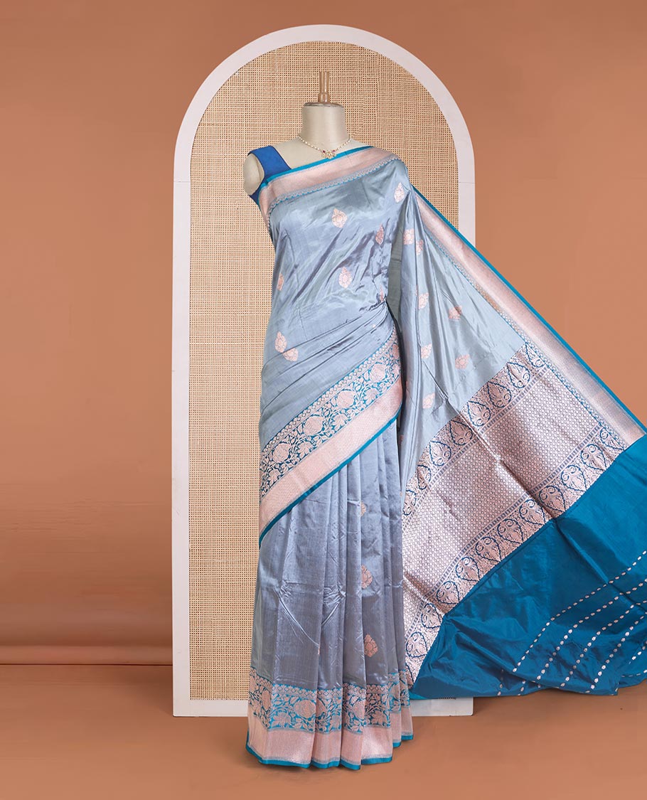 Grey zari buttas Banarasi kathan silk saree, contrast traditional zari floral creeper border, and intricate jaal pallu