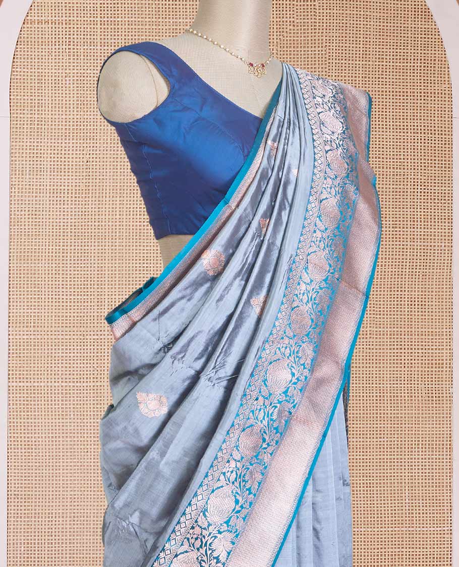 Grey zari buttas Banarasi kathan silk saree, contrast traditional zari floral creeper border, and intricate jaal pallu