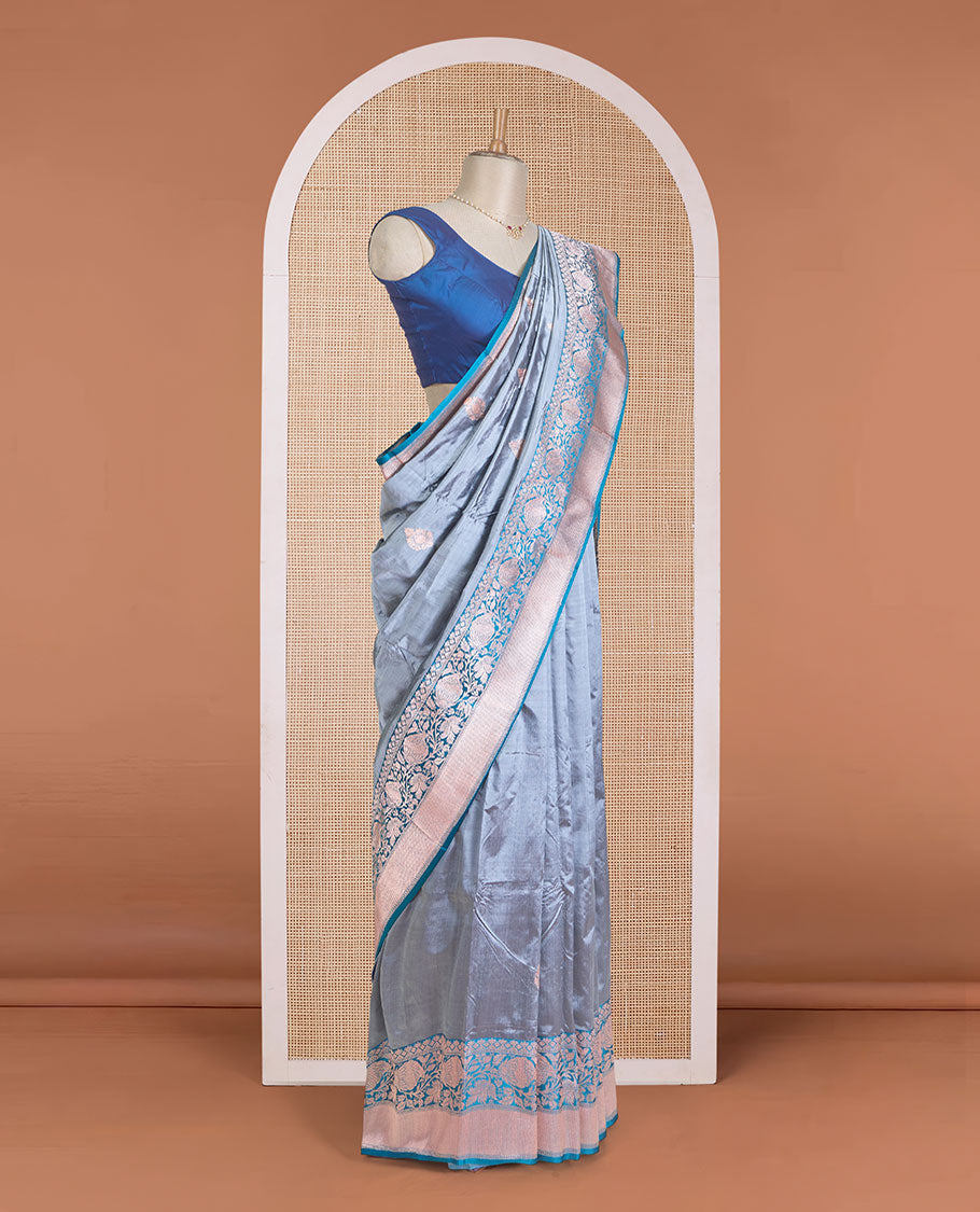 Grey zari buttas Banarasi kathan silk saree, contrast traditional zari floral creeper border, and intricate jaal pallu