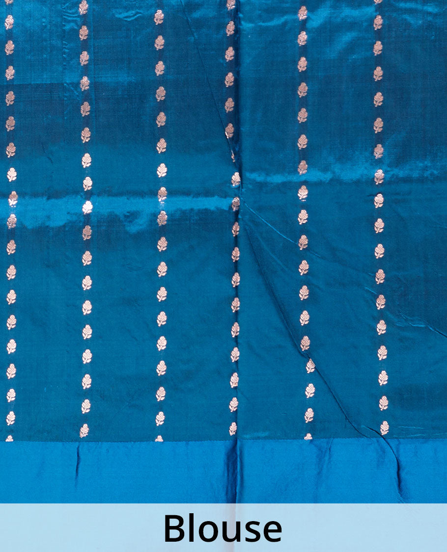 Gold zari buttas Banarasi kathan silk saree, contrast traditional zari floral creeper border, and pallu features dobby style buttas