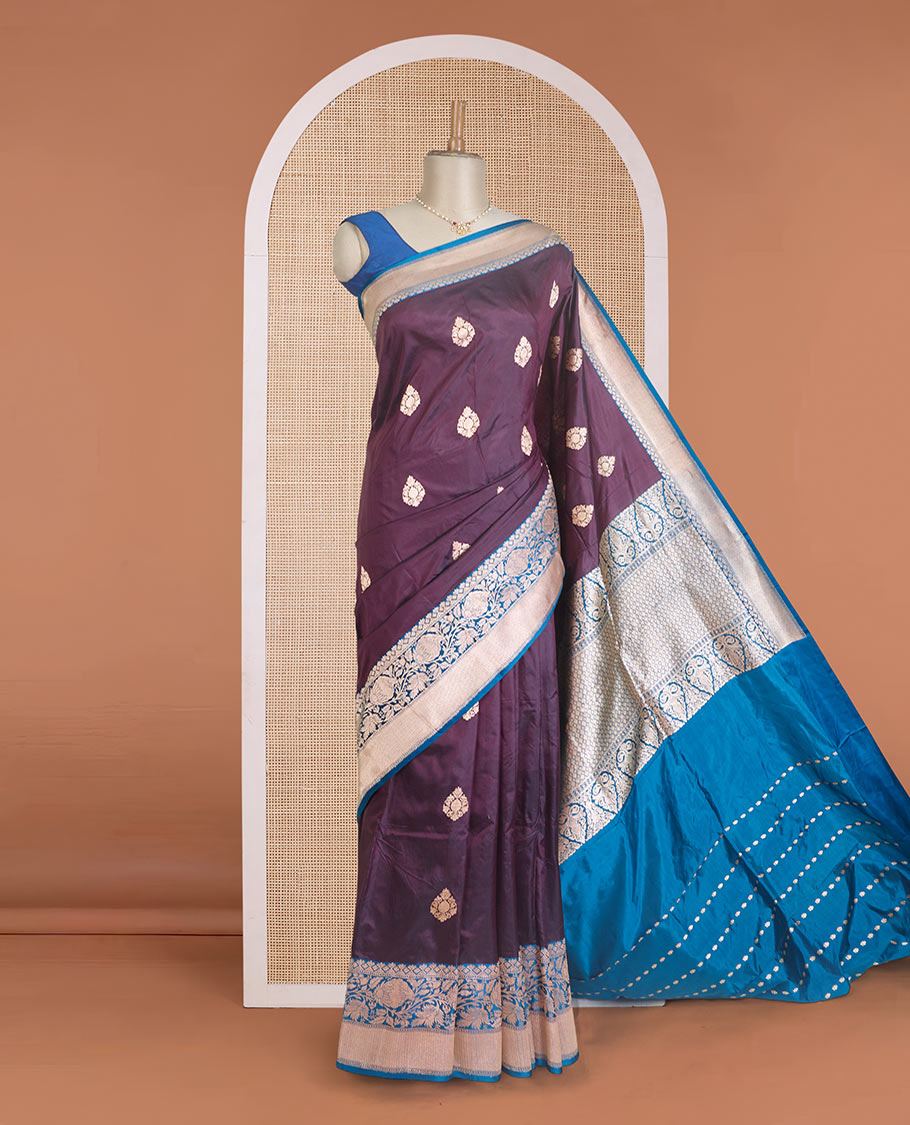 Maroon zari buttas Banarasi kathan silk saree, contrast traditional zari floral creeper border, and pallu features dobby style buttas