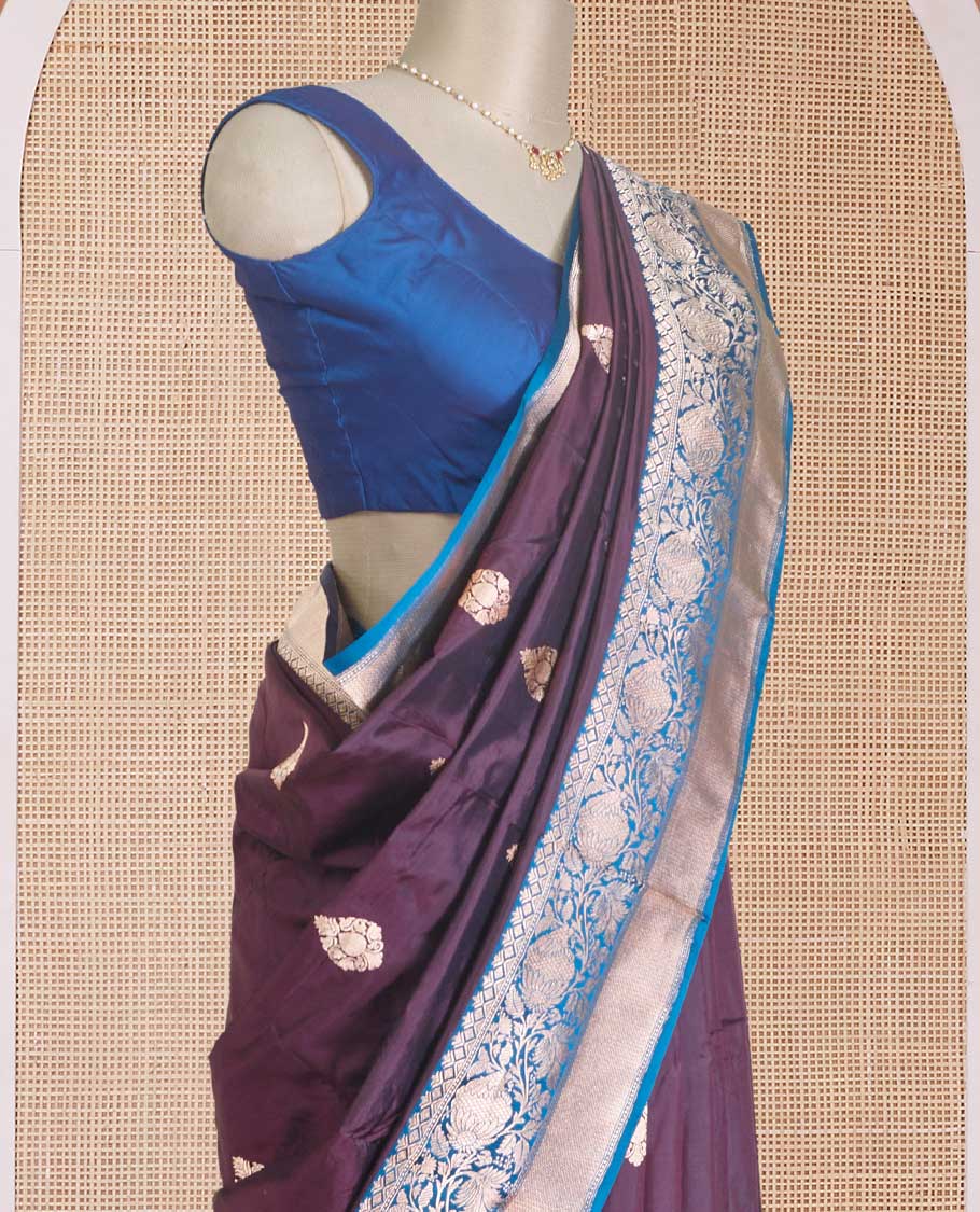 Maroon zari buttas Banarasi kathan silk saree, contrast traditional zari floral creeper border, and pallu features dobby style buttas