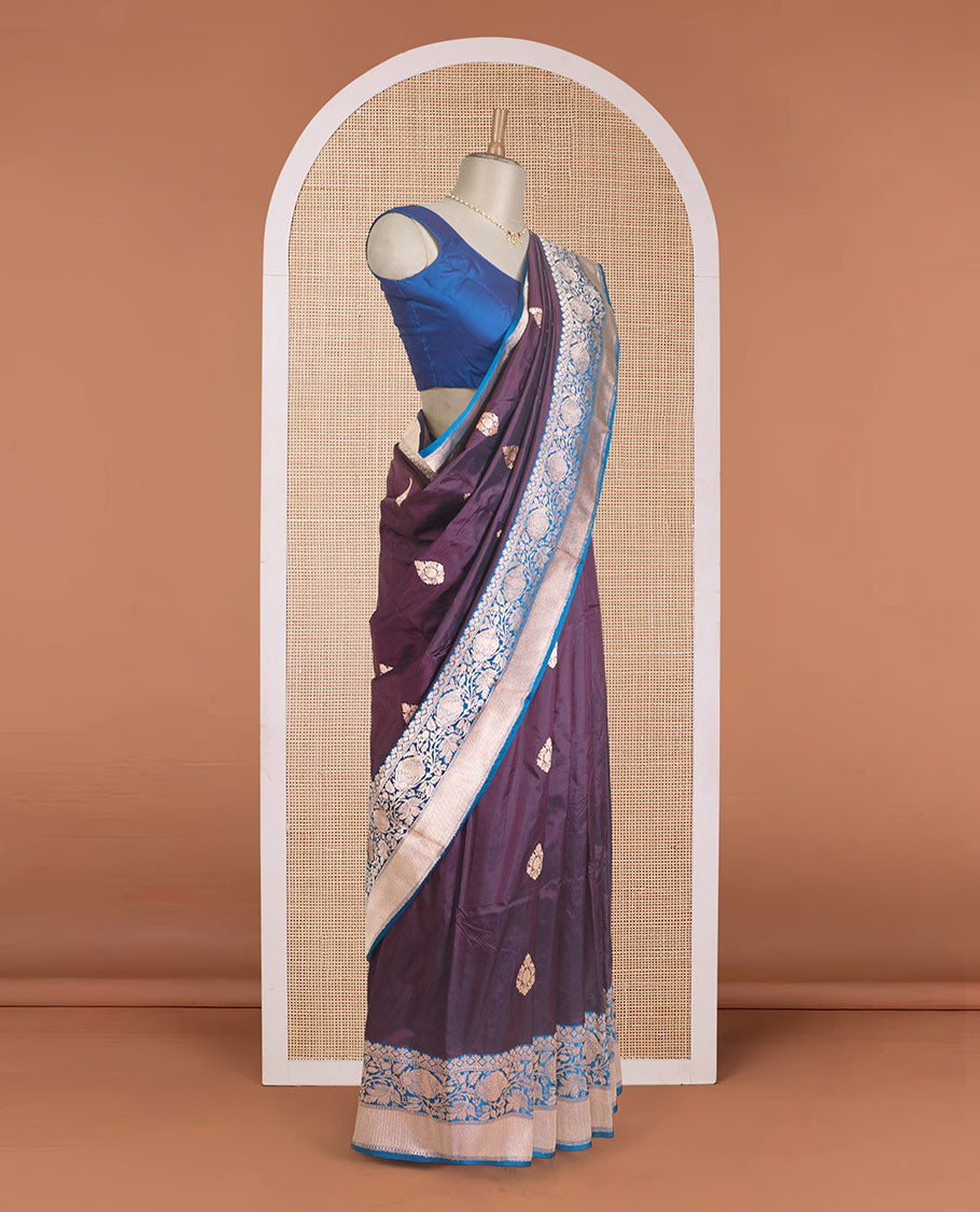 Maroon zari buttas Banarasi kathan silk saree, contrast traditional zari floral creeper border, and pallu features dobby style buttas