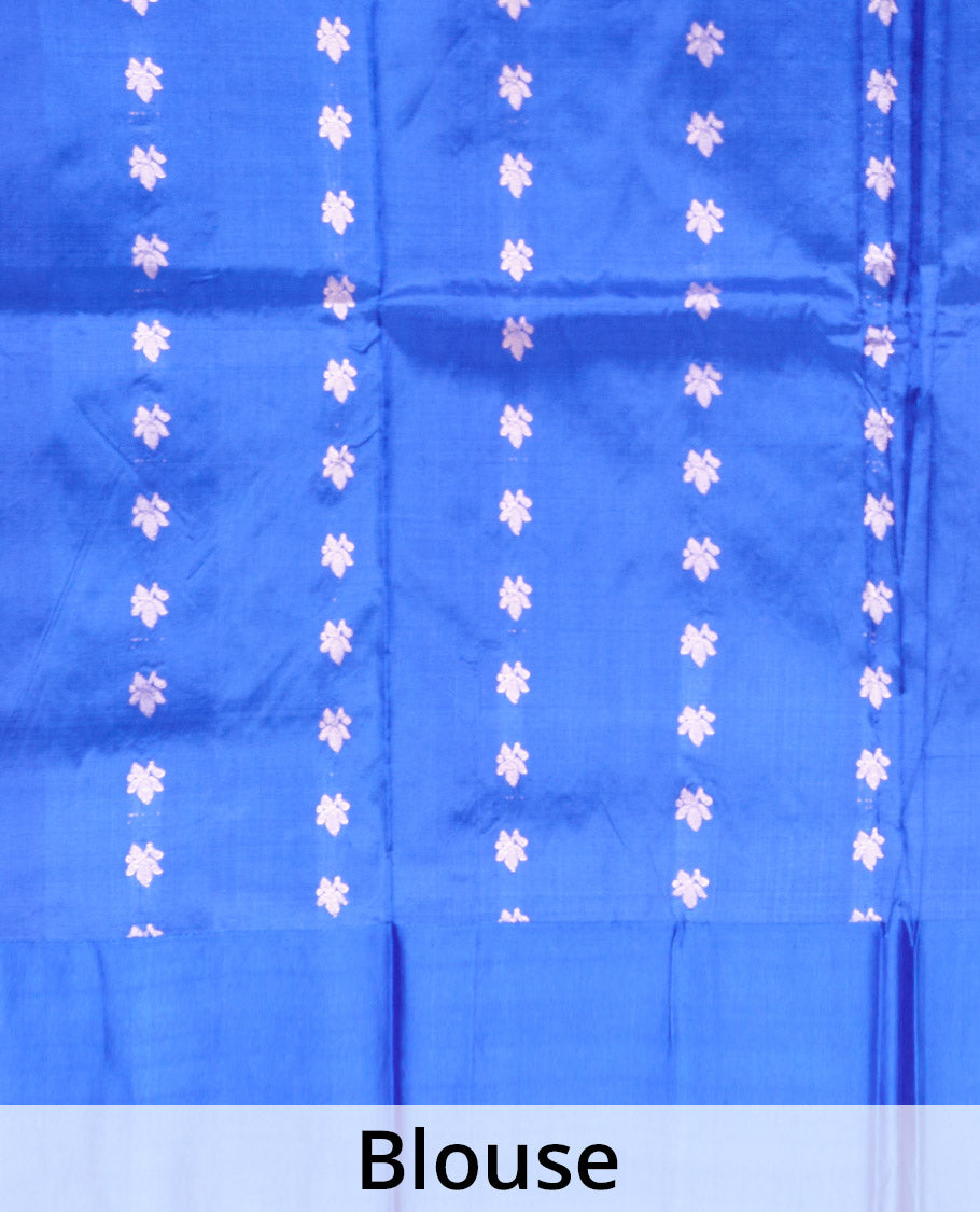 Ramar blue zari buttas Banarasi kathan silk saree, contrast traditional zari floral creeper border, and pallu features dobby style buttas