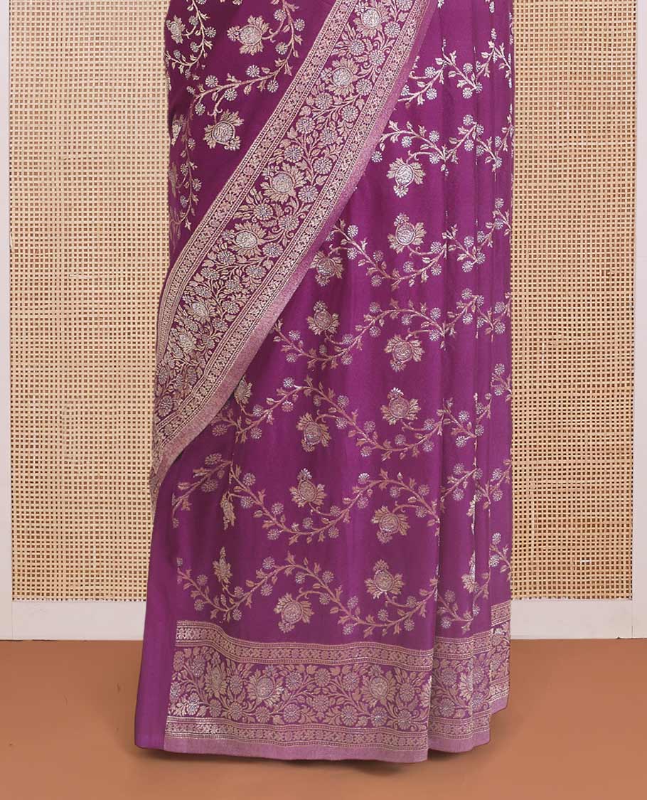 Purple floral jaal jacquard fancy crepe saree, floral design zari border, and floral jaal pallu