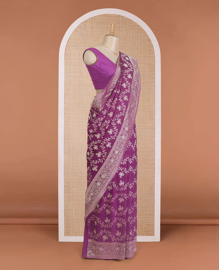 Purple floral jaal jacquard fancy crepe saree, floral design zari border, and floral jaal pallu