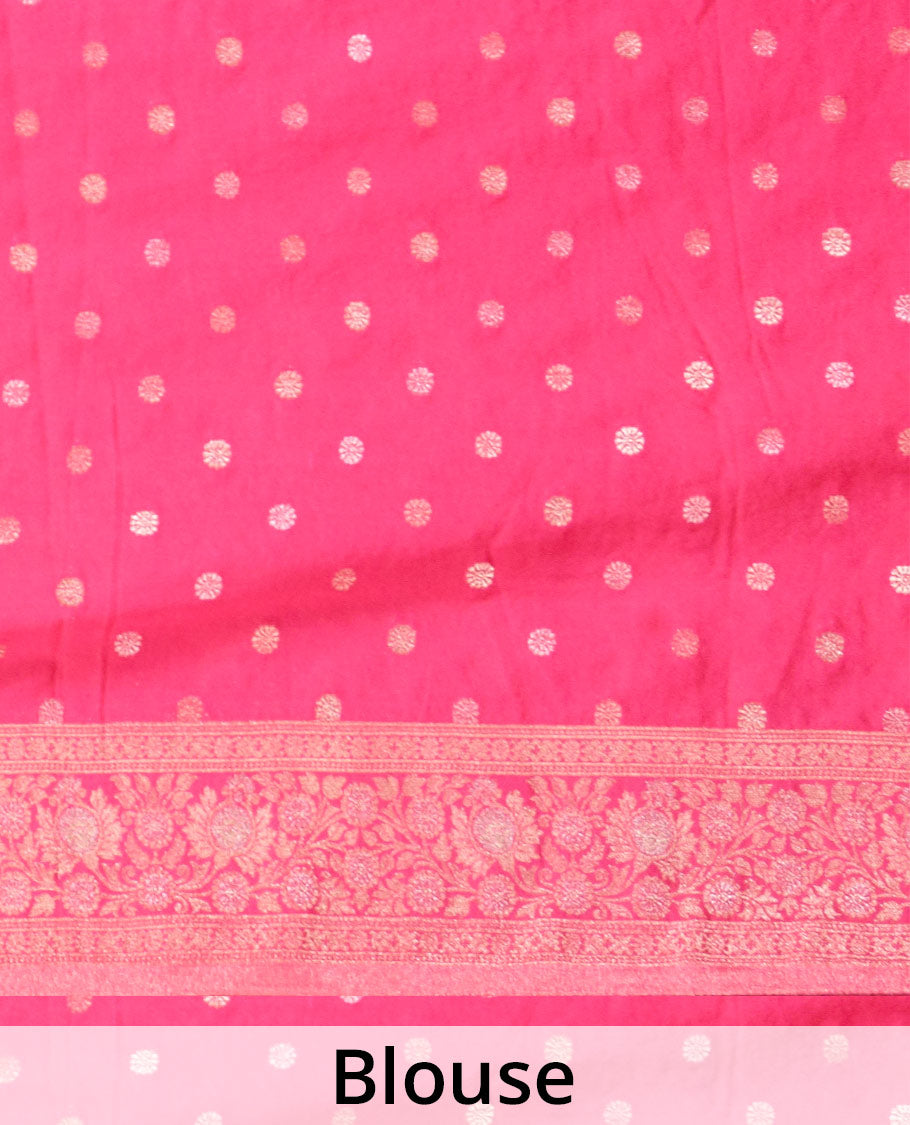 Fushcia pink floral jaal jacquard fancy crepe saree, floral creeper zari border, and pallu of floral jaal design