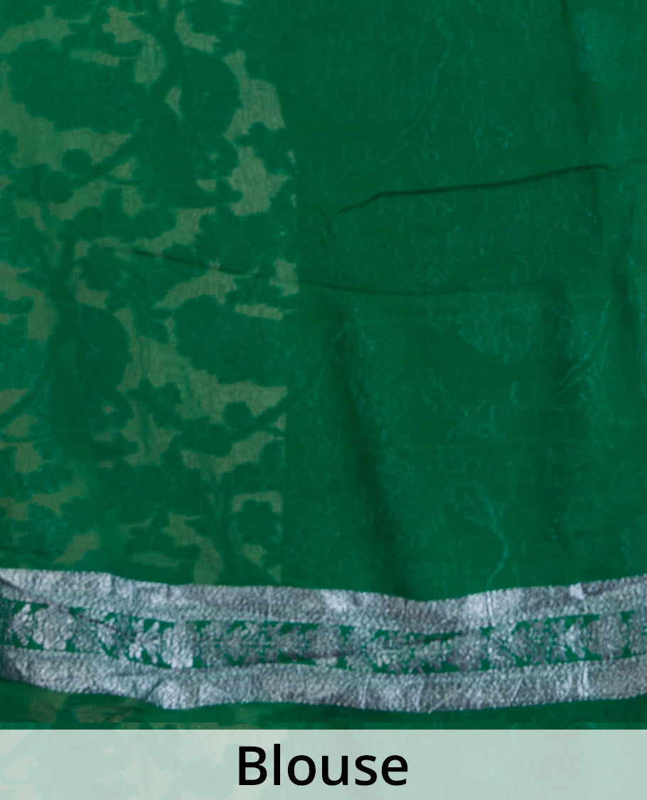 Red tree and peacock design banarasi georgette saree, contrast zari border, and pallu of Mughal style zari designs