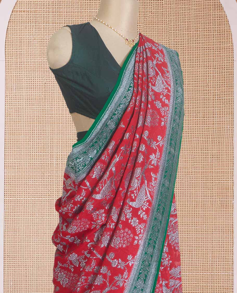 Red tree and peacock design banarasi georgette saree, contrast zari border, and pallu of Mughal style zari designs