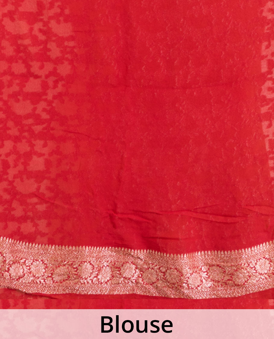 Yellow floral jaal jacquard banarasi georgette saree, contrast floral creeper zari border, and pallu of floral jaal design