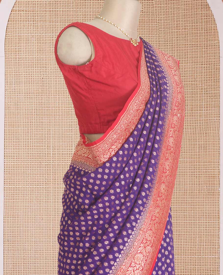 Violet zari buttas banarasi georgette saree, contrast traditional zari border, and pallu of intricate designs