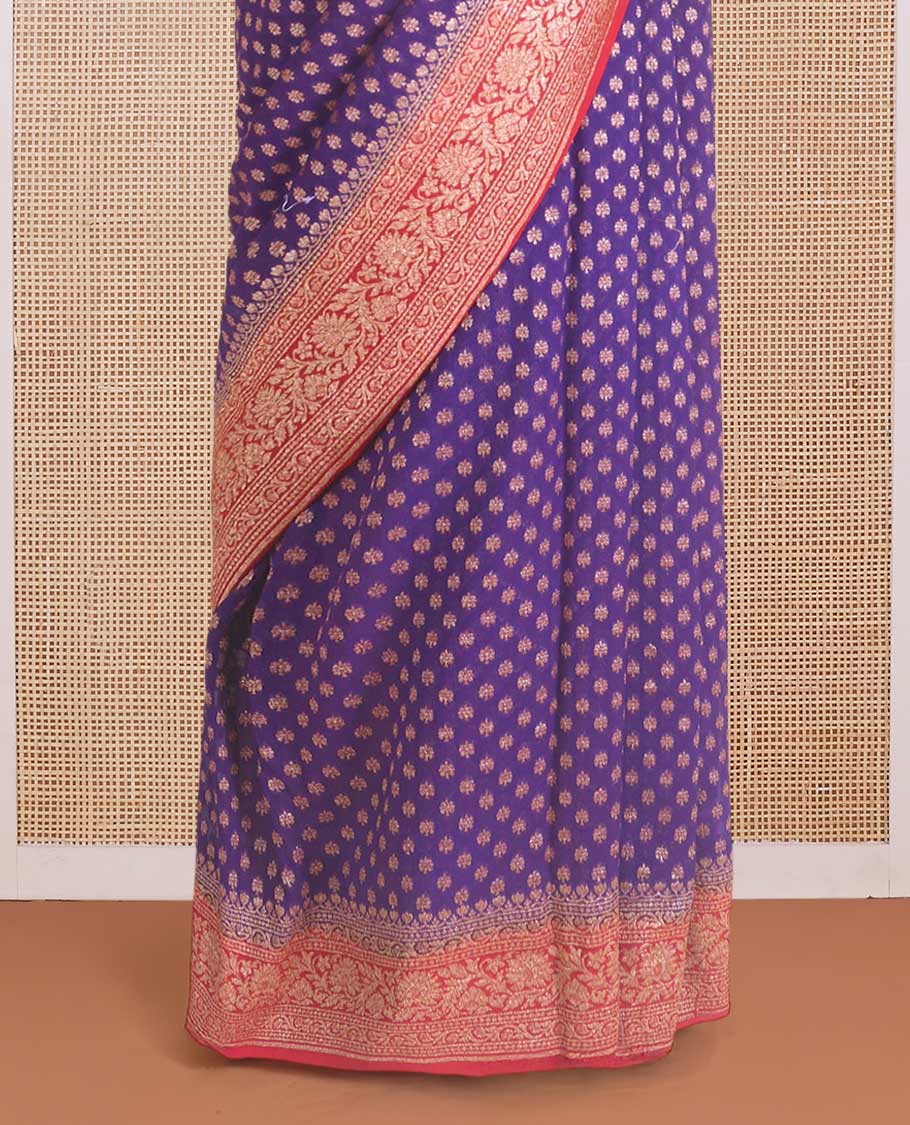 Violet zari buttas banarasi georgette saree, contrast traditional zari border, and pallu of intricate designs