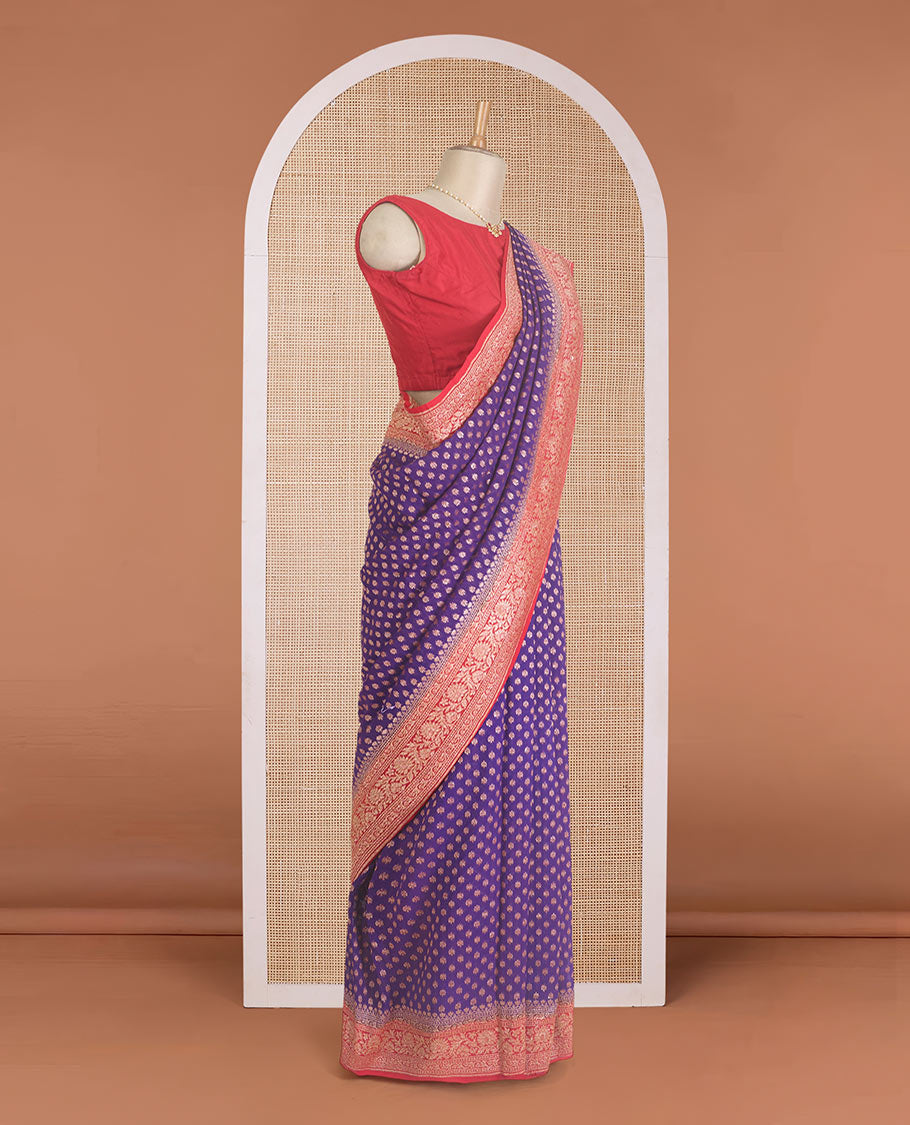 Violet zari buttas banarasi georgette saree, contrast traditional zari border, and pallu of intricate designs