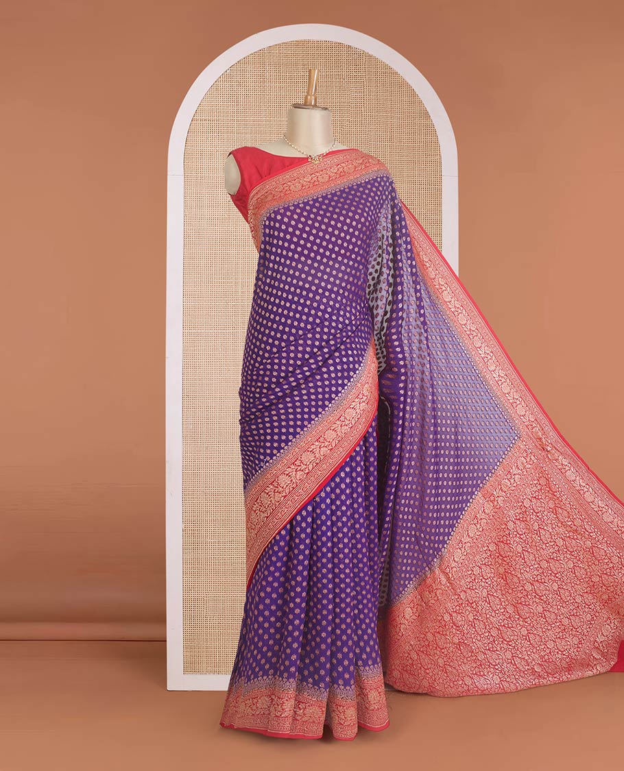Violet zari buttas banarasi georgette saree, contrast traditional zari border, and pallu of intricate designs