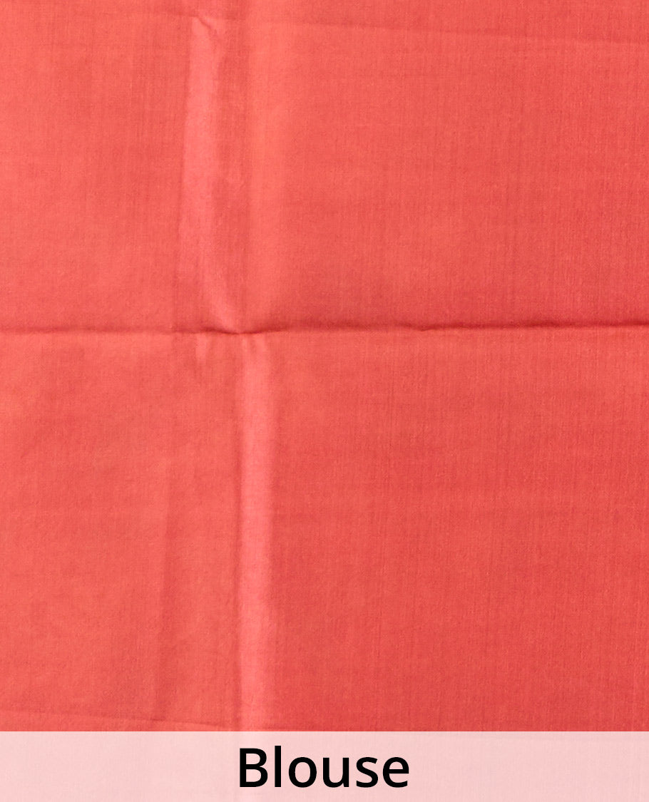 Red floral motifs printed silk saree, chevron striped border, and pallu of chevron stripes