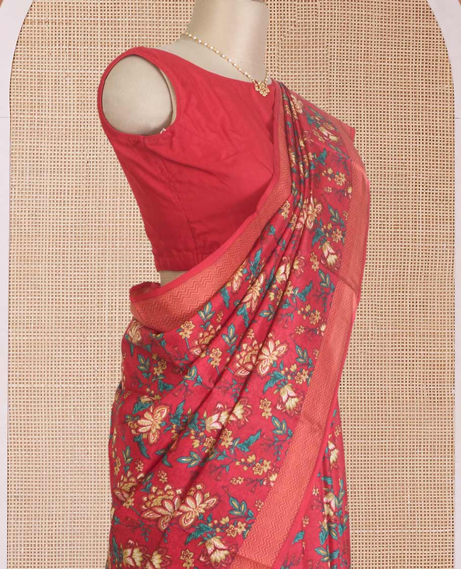 Red floral motifs printed silk saree, chevron striped border, and pallu of chevron stripes