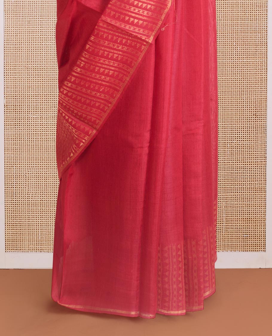 Red plain dupion silk saree, zari border and pallu of temple, and geometric designs