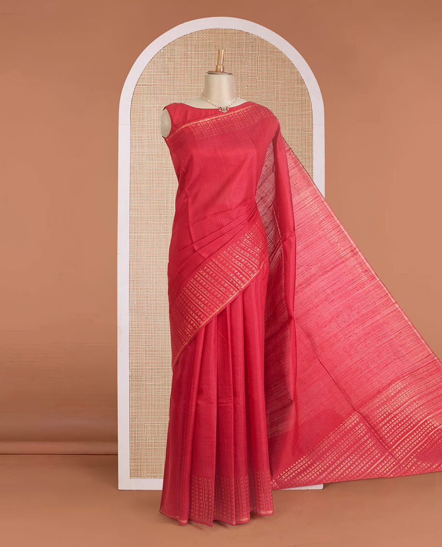 Red plain dupion silk saree, zari border and pallu of temple, and geometric designs