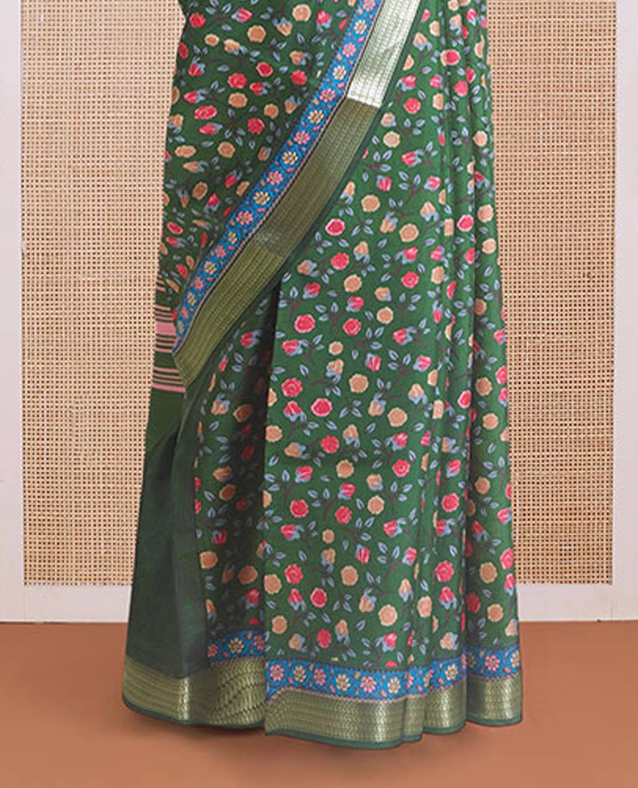 Green floral motifs printed silk saree, paisley zari motifs border, and pallu of stripes